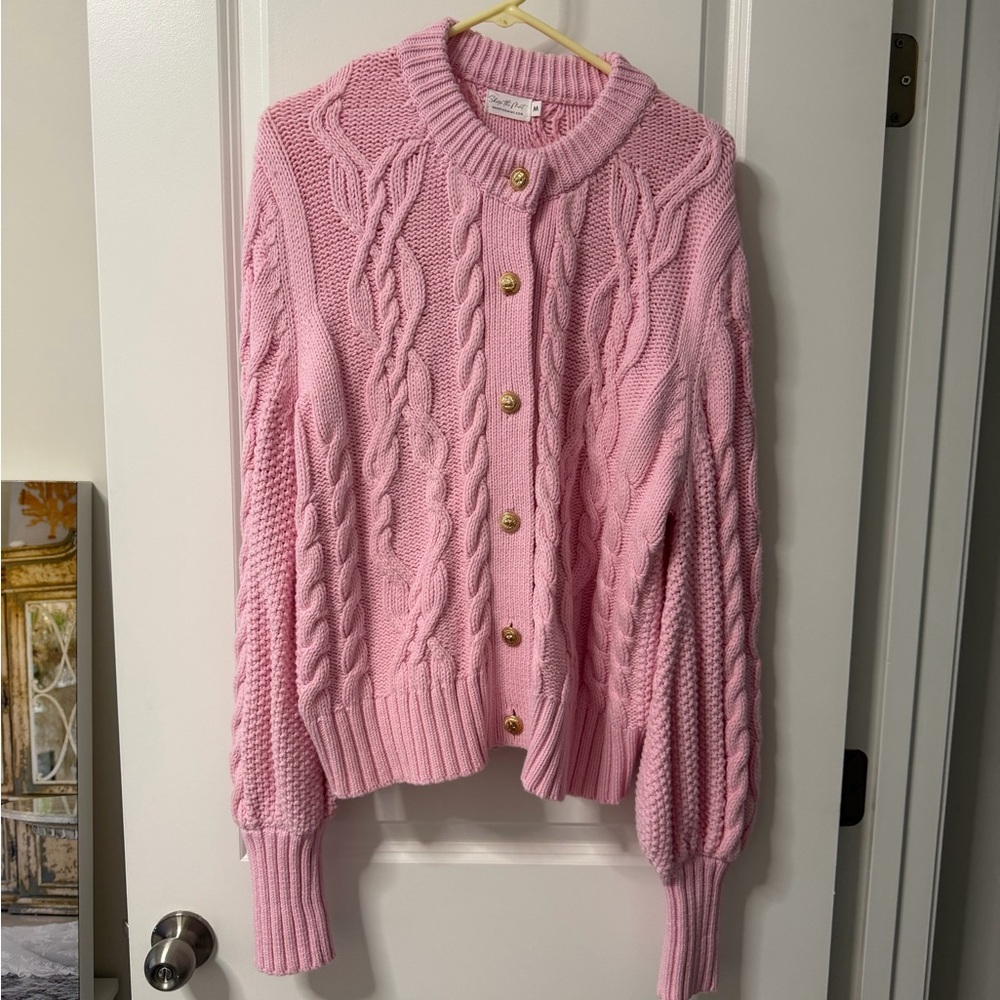 Pink Cable Knit Button-Front Sweater